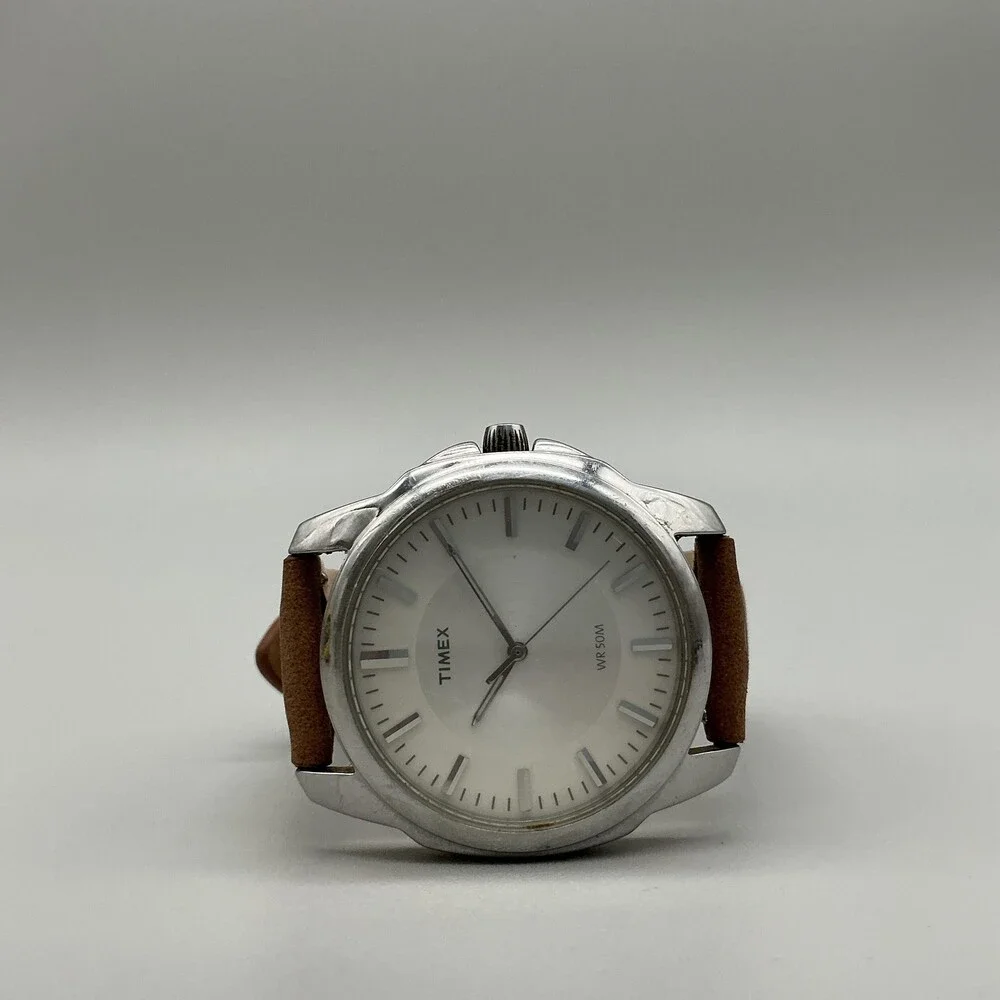 Timex Mens Watch 39mm Silver Tone Brown Leather WR 50M Stainless New Battery